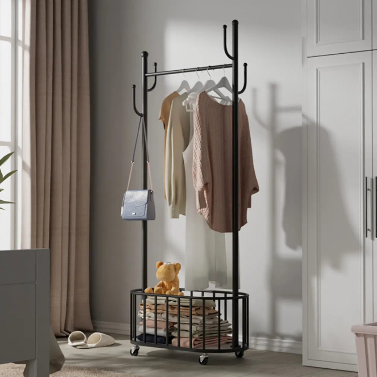 Freestanding Black Metal Entry Hall Tree with Hooks — Black