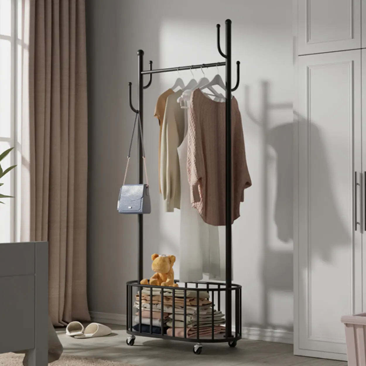 Freestanding Black Metal Entry Hall Tree with Hooks — Black