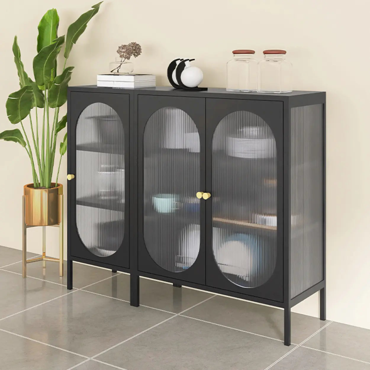 Freestanding Black Metal Buffet Clear Glass Doors