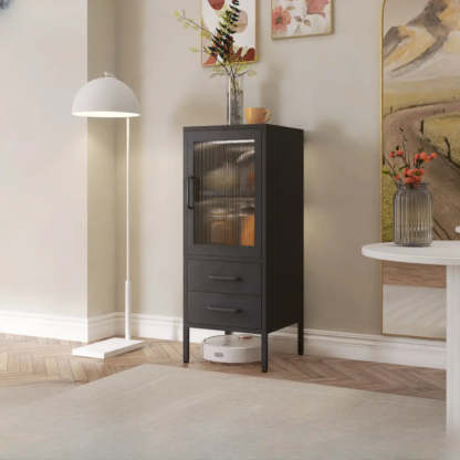 Freestanding Black Metal Buffet Clear Glass Doors — Black / Mesh