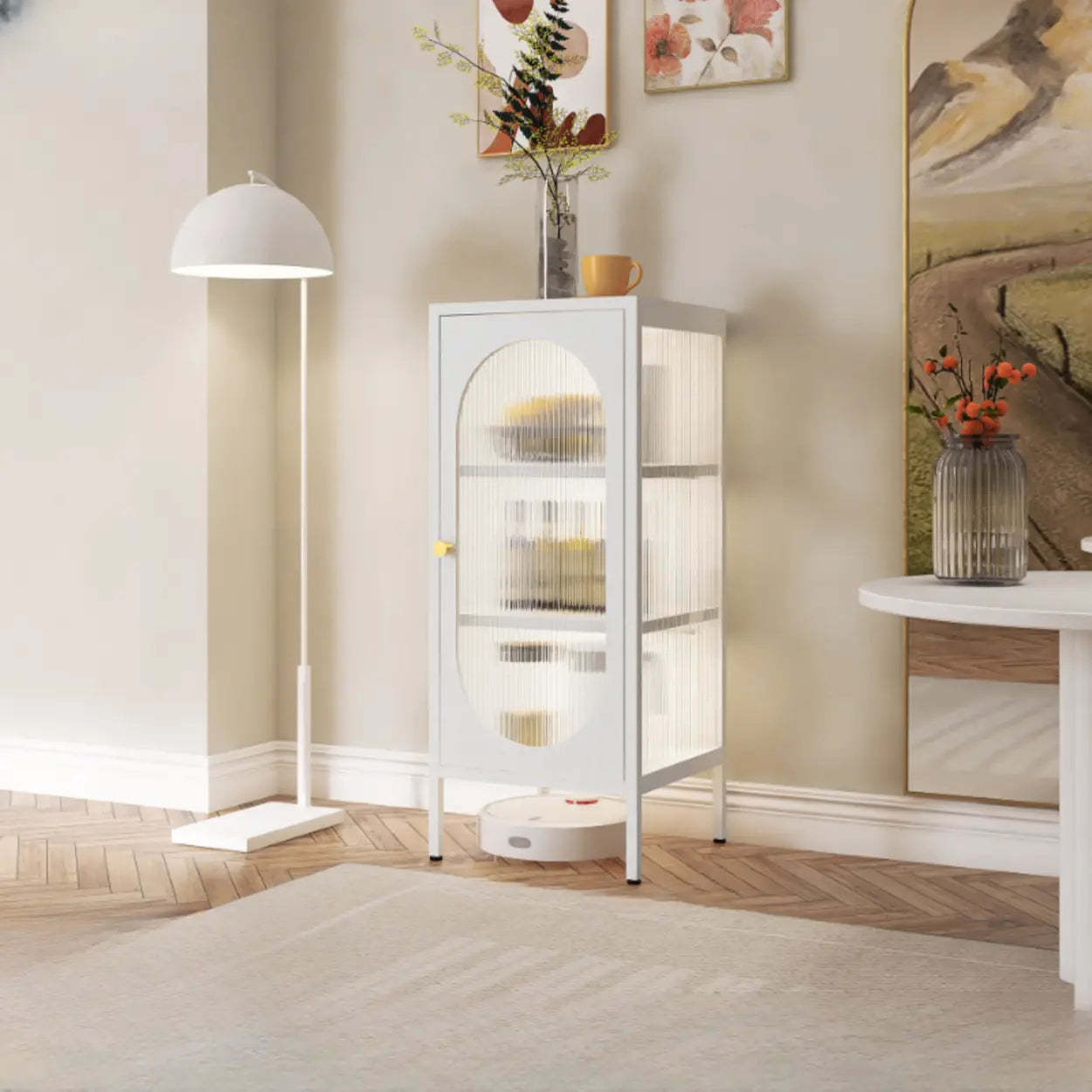 Freestanding Black Metal Buffet Clear Glass Doors — White / Vertical Glass