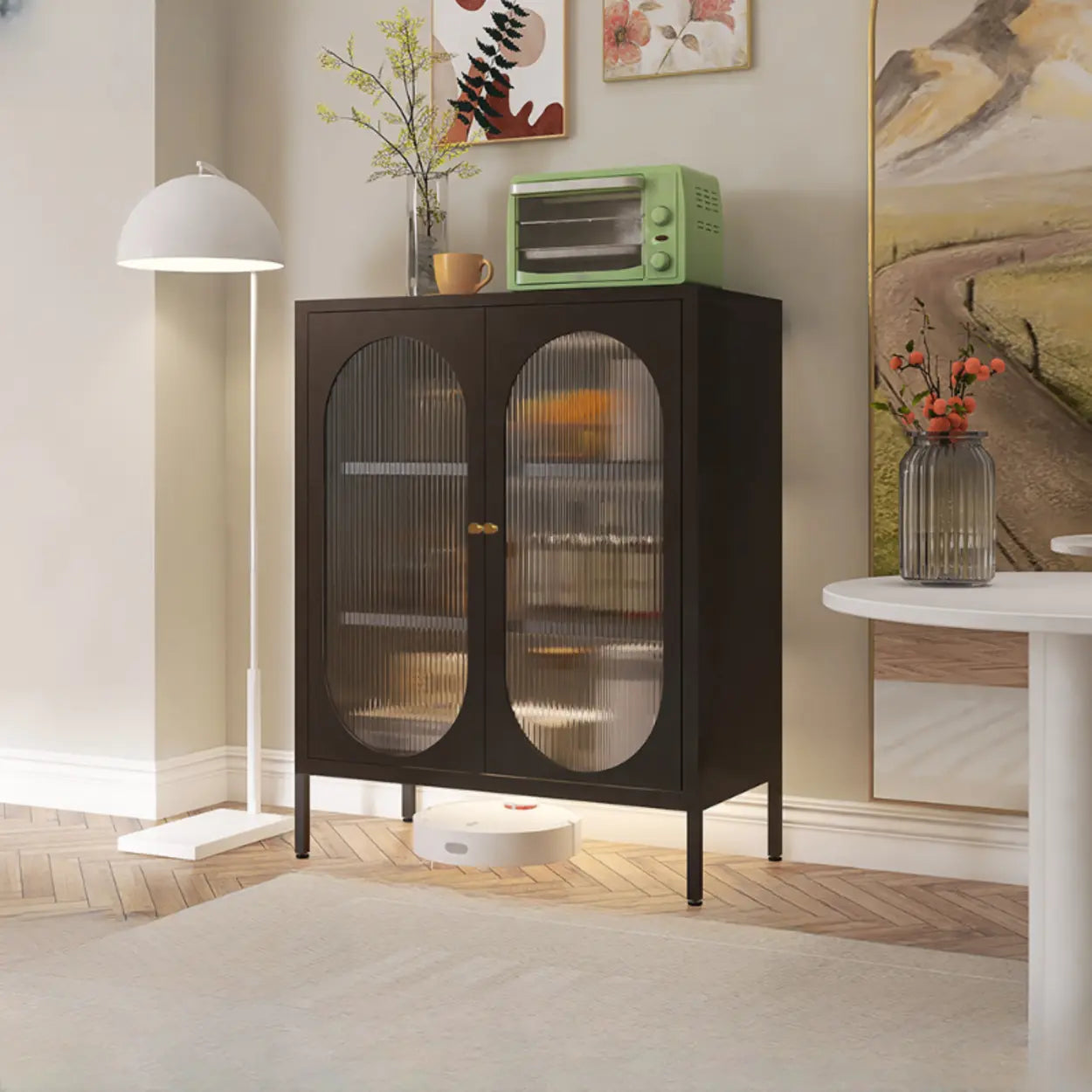 Freestanding Black Metal Buffet Clear Glass Doors — White / Metal