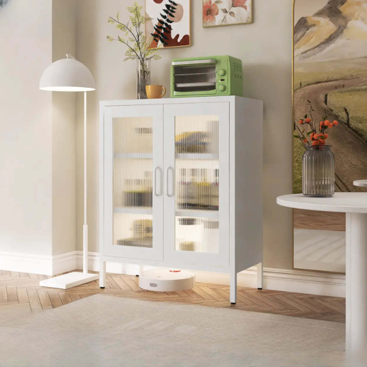 Freestanding Black Metal Buffet Clear Glass Doors — White / Mesh