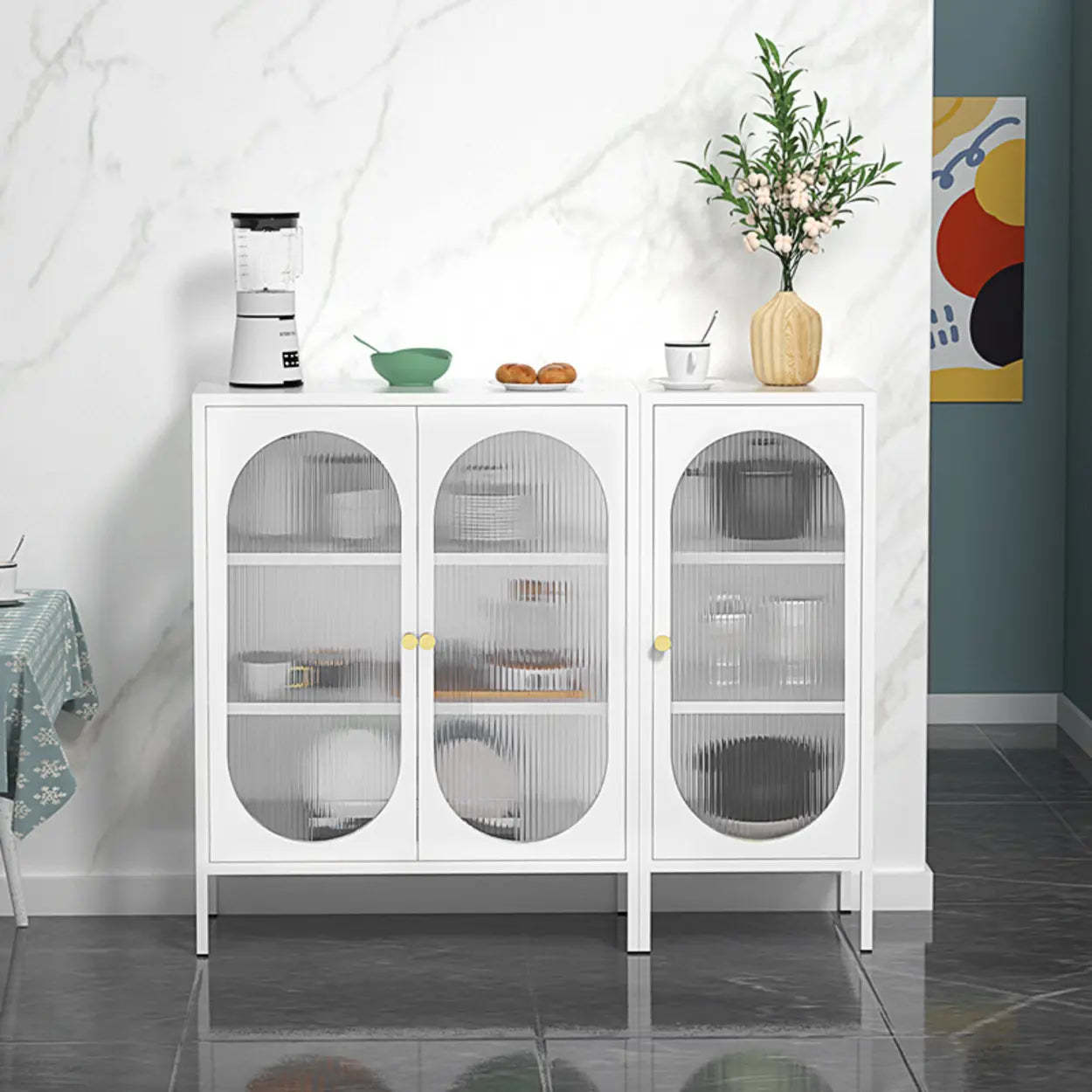 Freestanding Black Metal Buffet Clear Glass Doors — Black / Metal