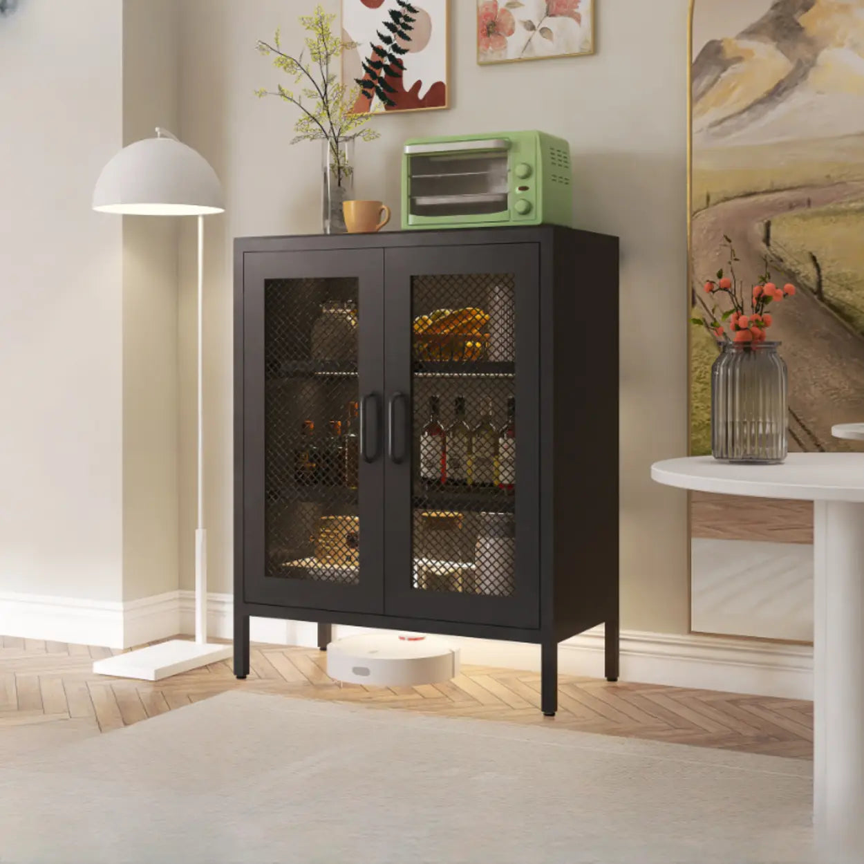 Freestanding Black Metal Buffet Clear Glass Doors