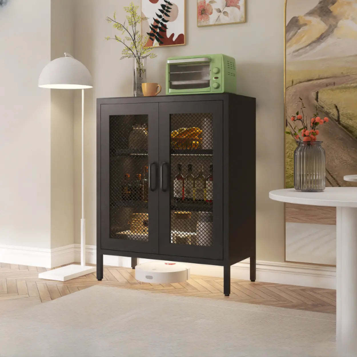 Freestanding Black Metal Buffet Clear Glass Doors
