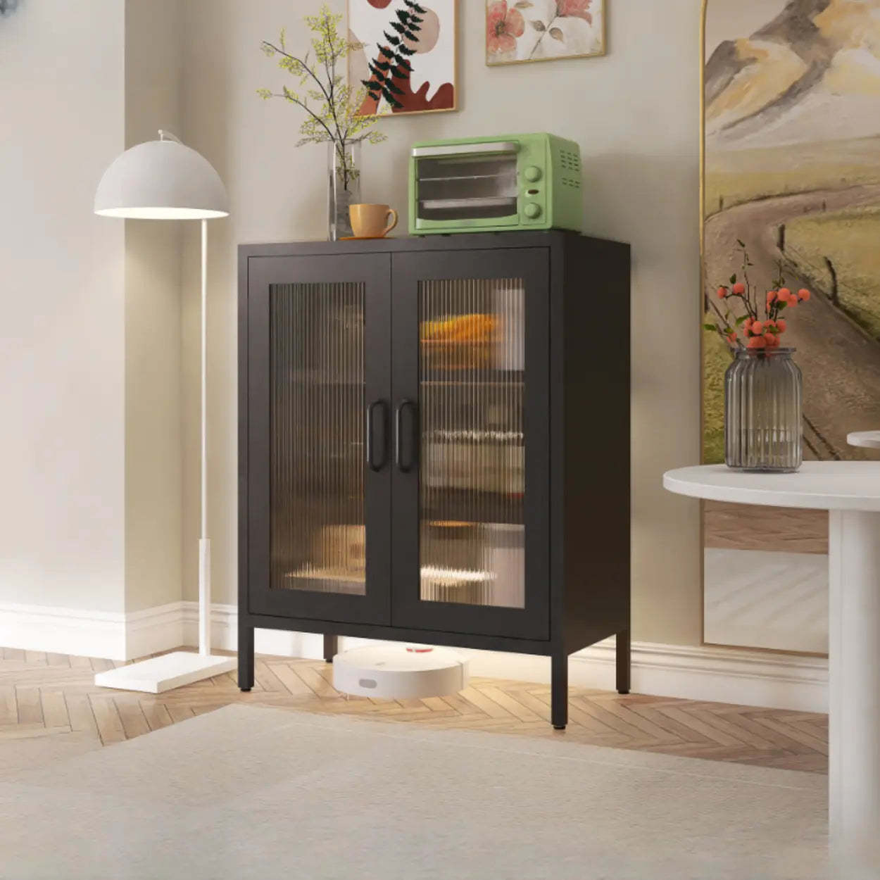Freestanding Black Metal Buffet Clear Glass Doors