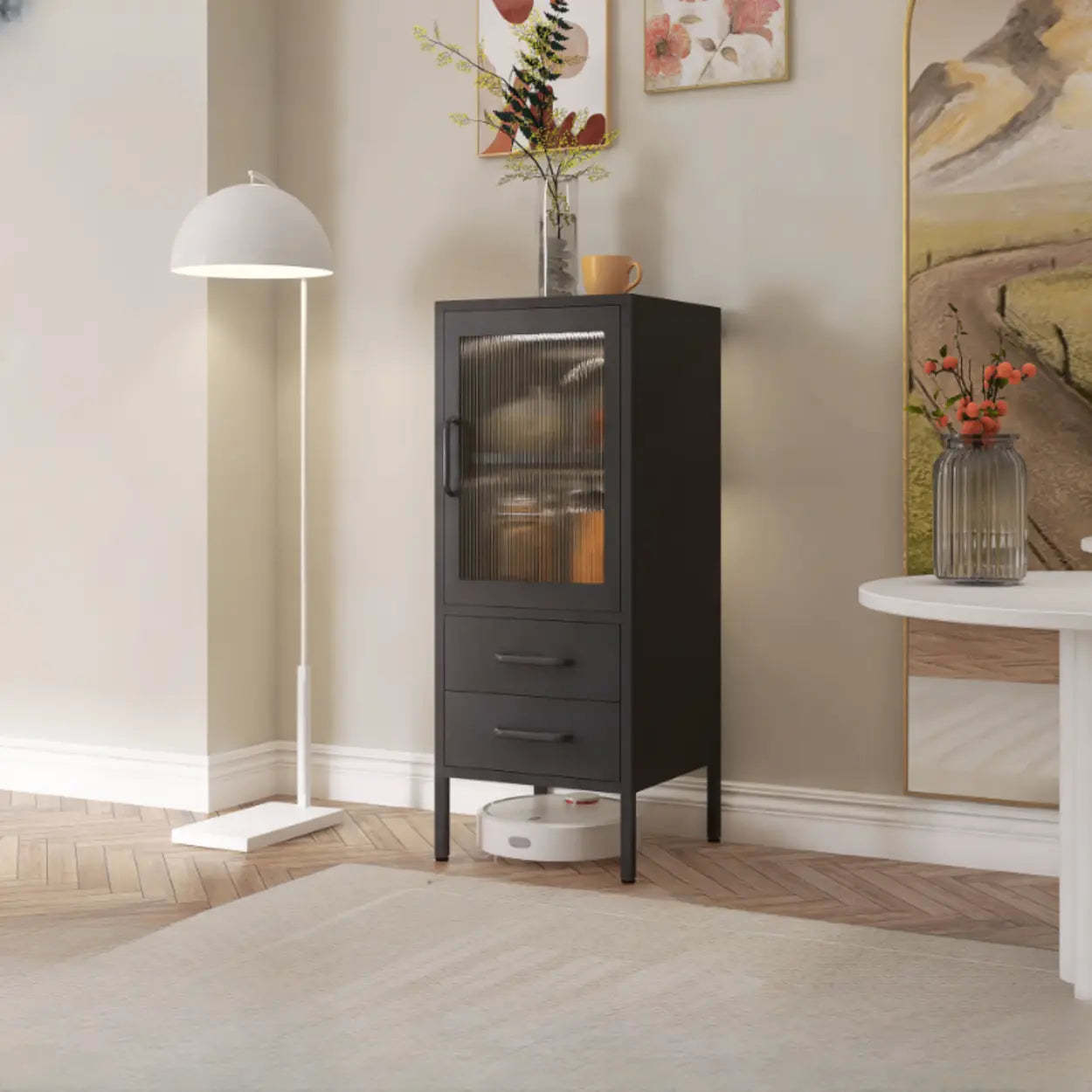 Black modern doors freestanding buffets & sideboards — 16" L x 16" W x 40" H / Reeded Glass / Clear Black