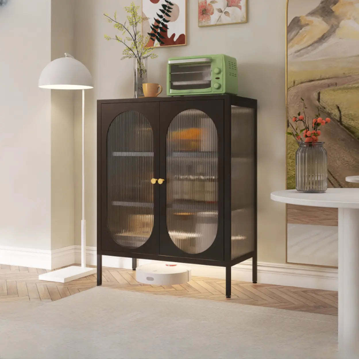 Freestanding Black Metal Buffet Clear Glass Doors