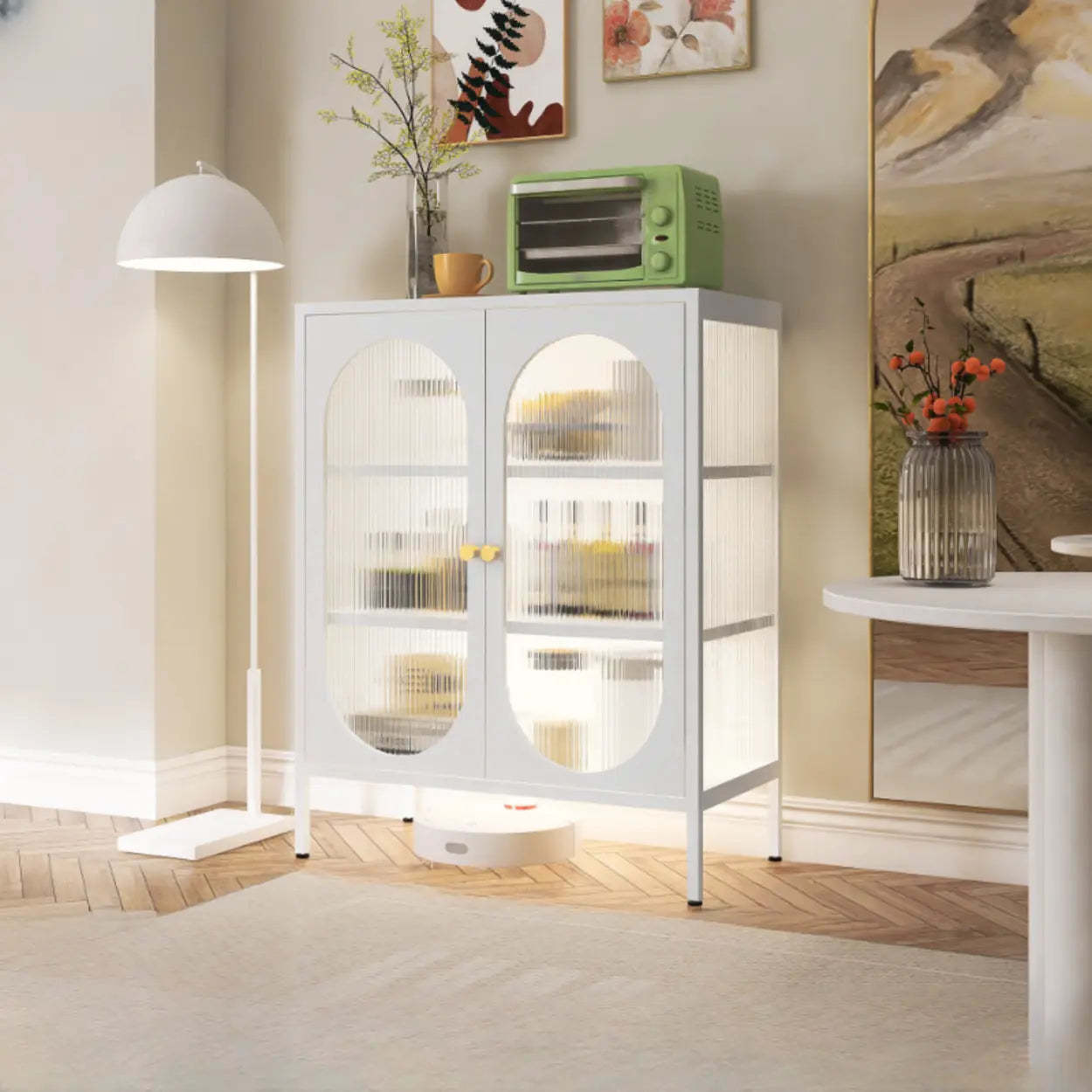Freestanding Black Metal Buffet Clear Glass Doors