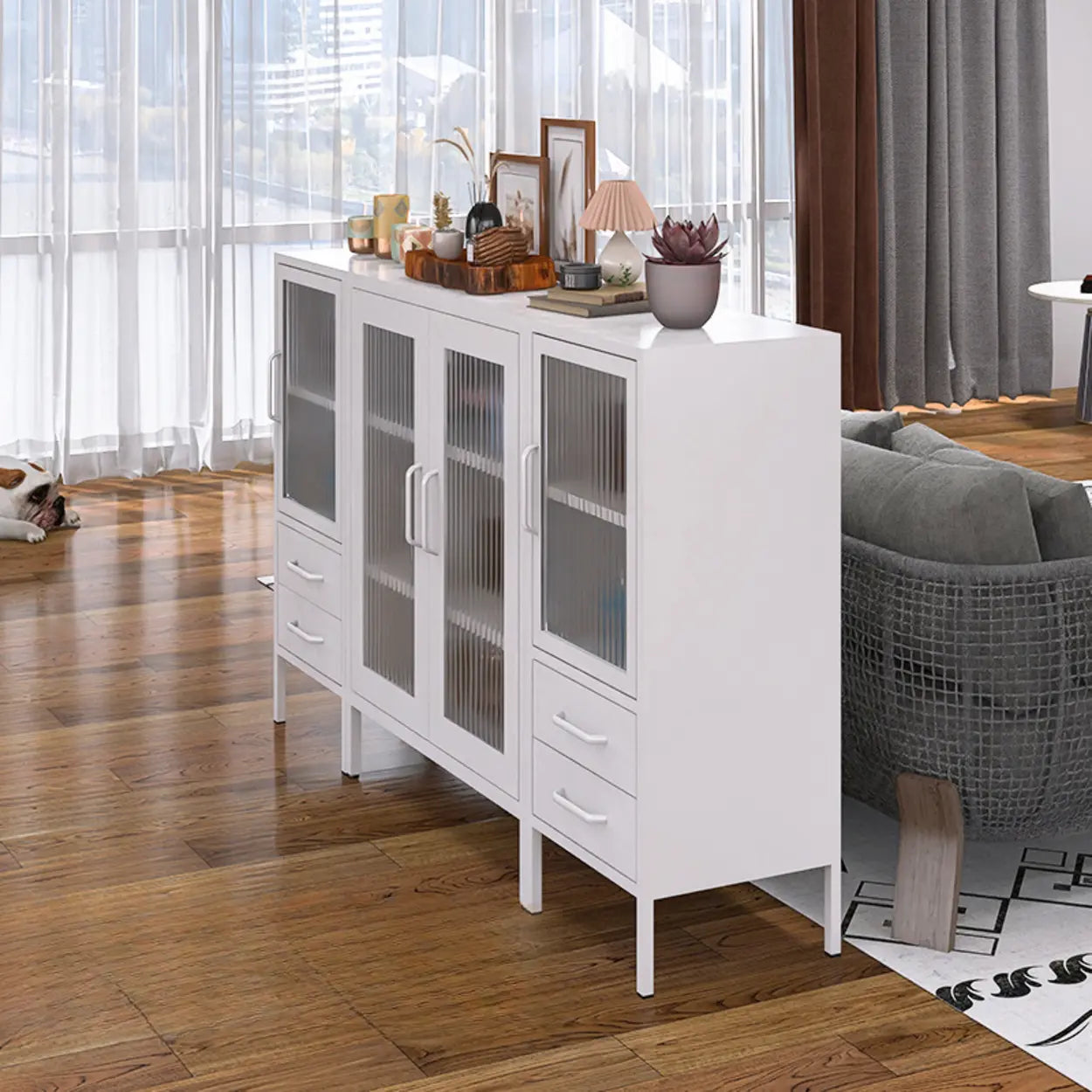 Freestanding Black Metal Buffet Clear Glass Doors — Black / Reeded Glass