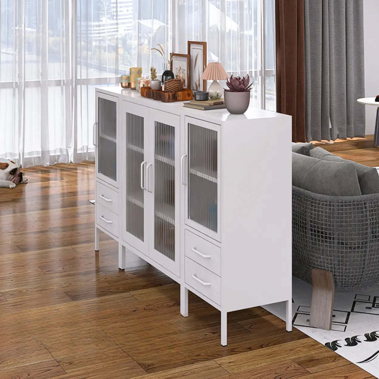 Freestanding Black Metal Buffet Clear Glass Doors — Black / Reeded Glass