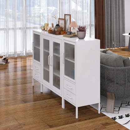 Freestanding Black Metal Buffet Clear Glass Doors — Black / Reeded Glass