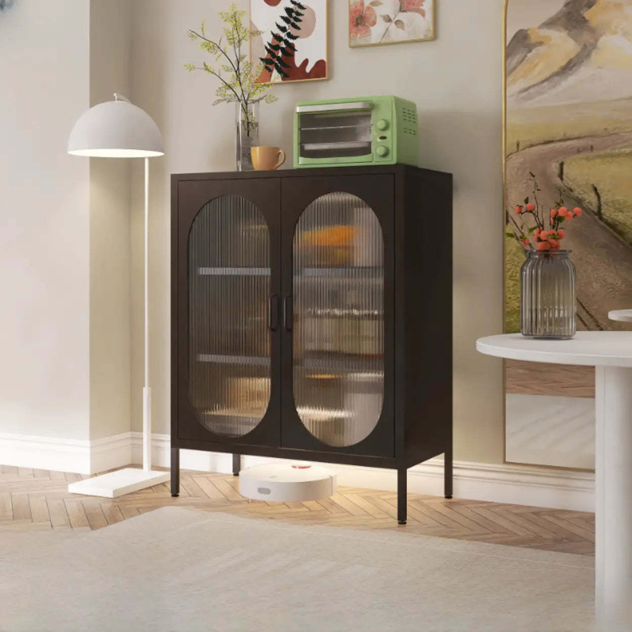 Freestanding Black Metal Buffet Clear Glass Doors
