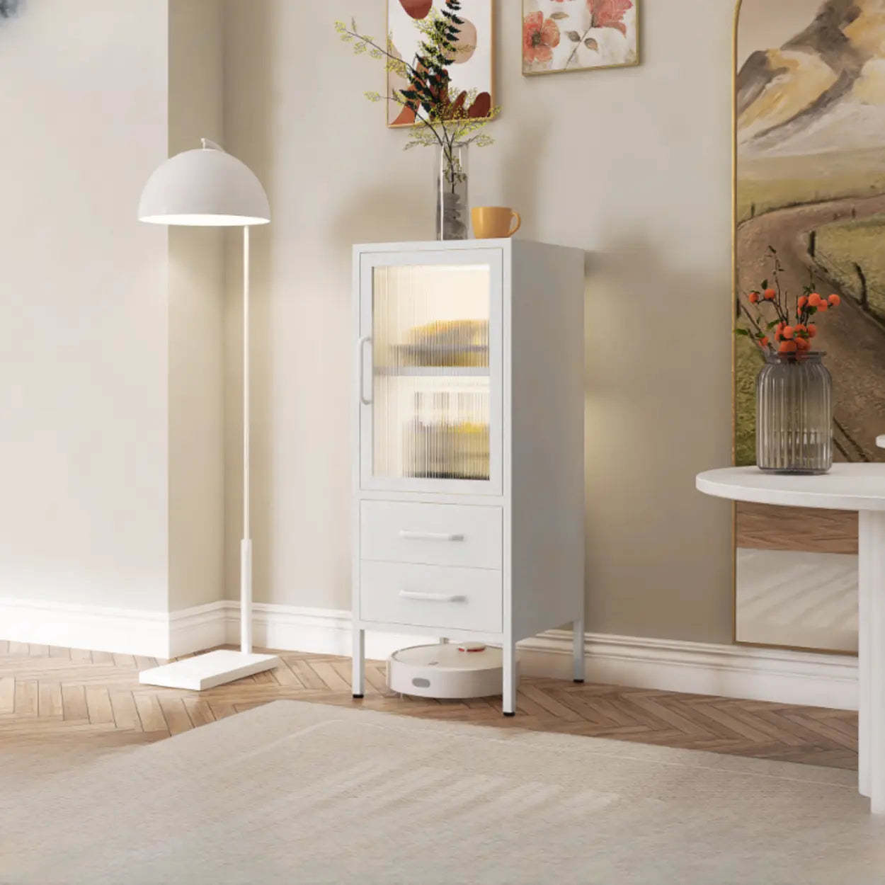 Freestanding Black Metal Buffet Clear Glass Doors