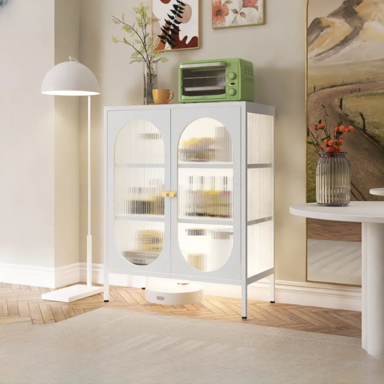 Freestanding Black Metal Buffet Clear Glass Doors