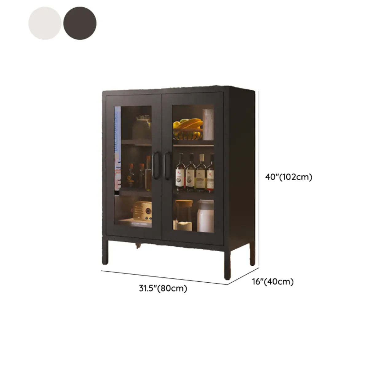 Freestanding Black Metal Buffet Clear Glass Doors