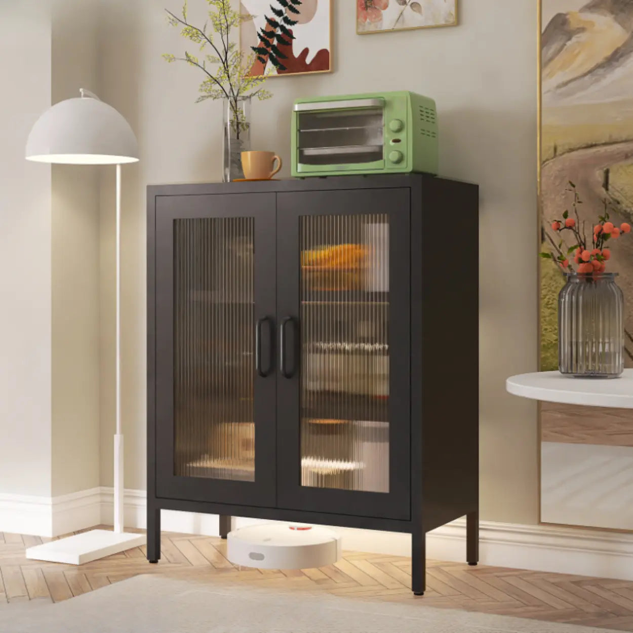 Freestanding Black Metal Buffet Clear Glass Doors — Clear Black / Reeded Glass