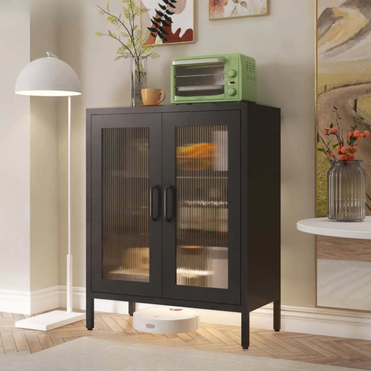 Freestanding Black Metal Buffet Clear Glass Doors — Clear Black / Reeded Glass