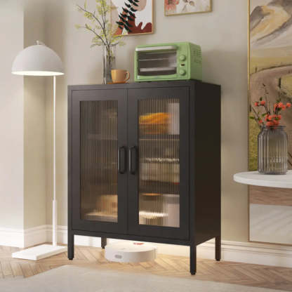 Freestanding Black Metal Buffet Clear Glass Doors — Clear Black / Reeded Glass