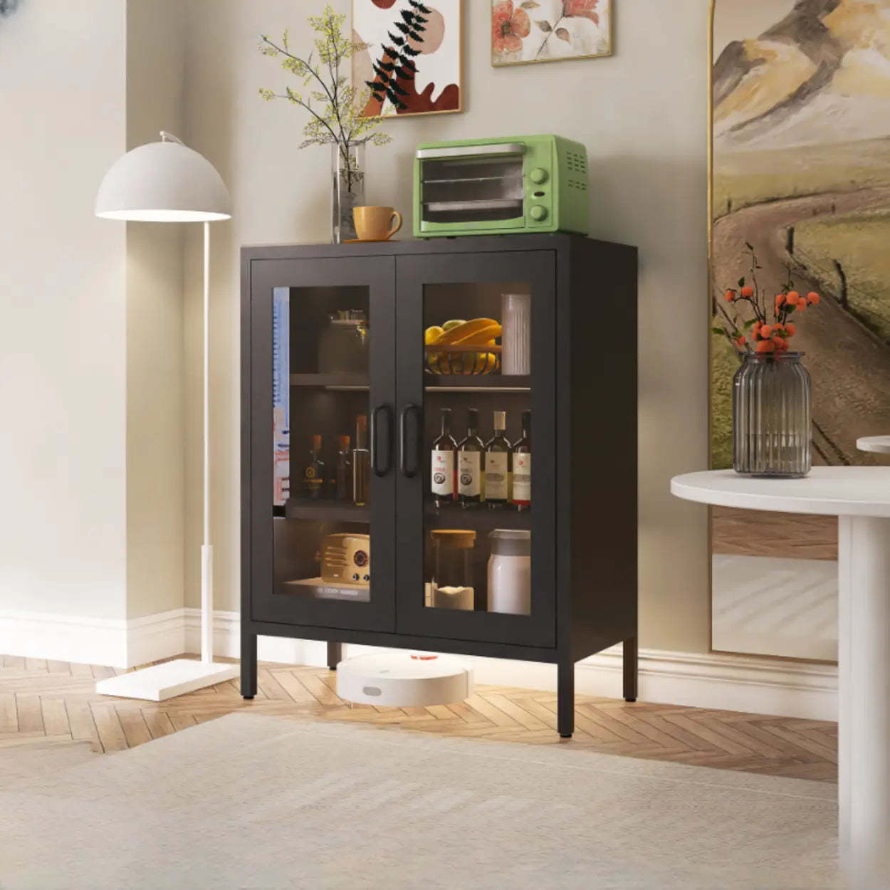 Freestanding Black Metal Buffet Clear Glass Doors — Black / Metal