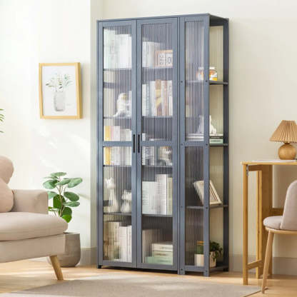 Gray Freestanding Bamboo Curio Display Cabinet — Embossed Acrylic / Dark Gray