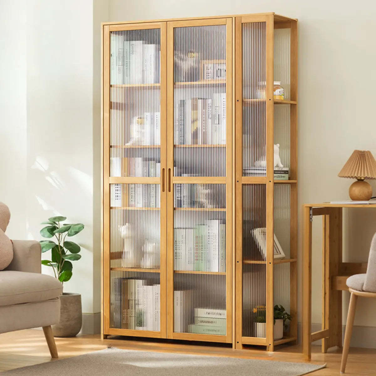 Gray Freestanding Bamboo Curio Display Cabinet — Embossed Acrylic / Natural