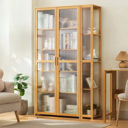 Gray Freestanding Bamboo Curio Display Cabinet — Embossed Acrylic / Natural