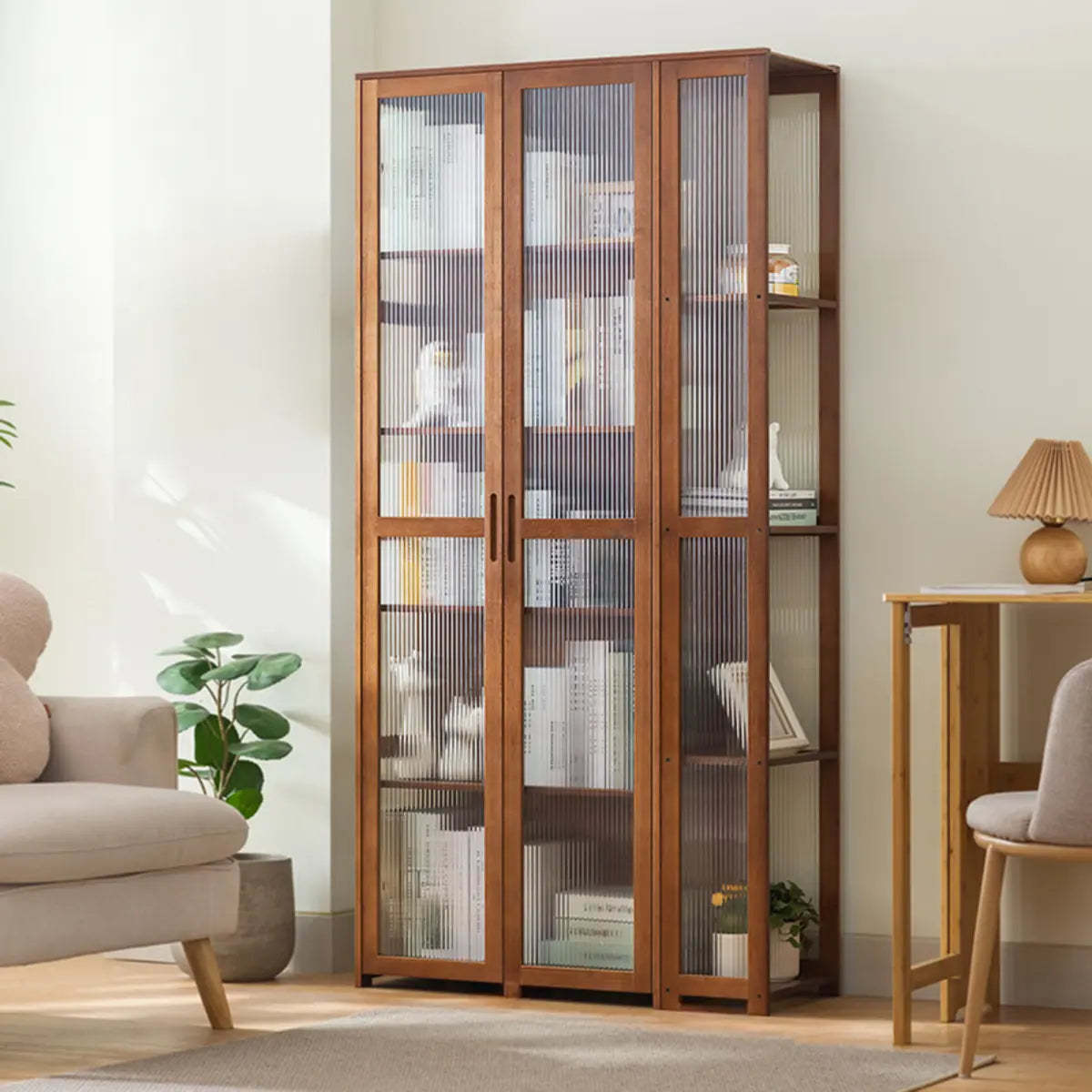 Gray Freestanding Bamboo Curio Display Cabinet — Embossed Acrylic / Tan