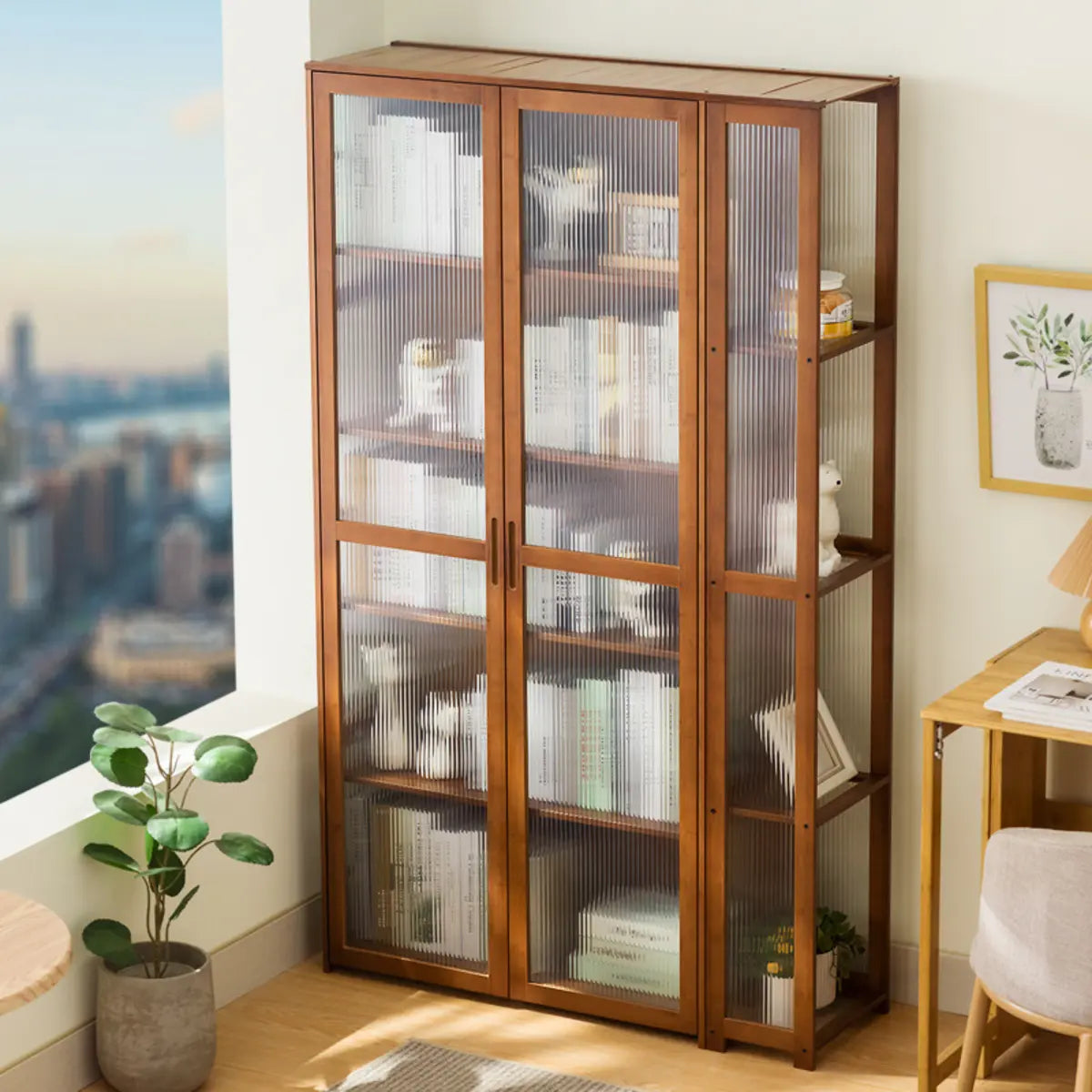 Gray Freestanding Bamboo Curio Display Cabinet — Clear Acrylic / Natural