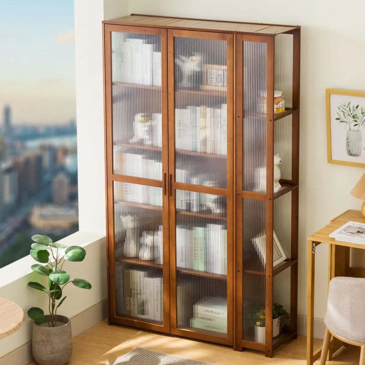 Gray Freestanding Bamboo Curio Display Cabinet — Clear Acrylic / Natural