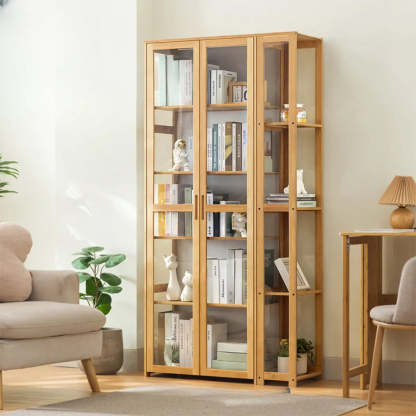 Gray Freestanding Bamboo Curio Display Cabinet — Embossed Acrylic / Natural