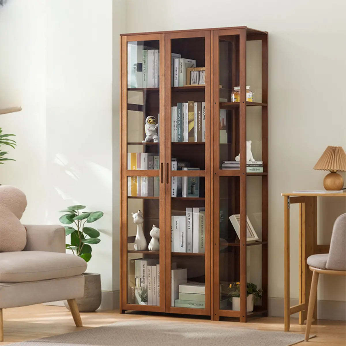 Gray Freestanding Bamboo Curio Display Cabinet — Embossed Acrylic / Tan