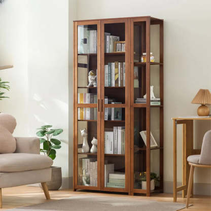 Gray Freestanding Bamboo Curio Display Cabinet — Embossed Acrylic / Tan