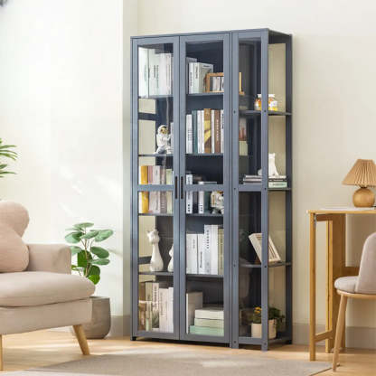 Gray Freestanding Bamboo Curio Display Cabinet — Clear Acrylic / Natural