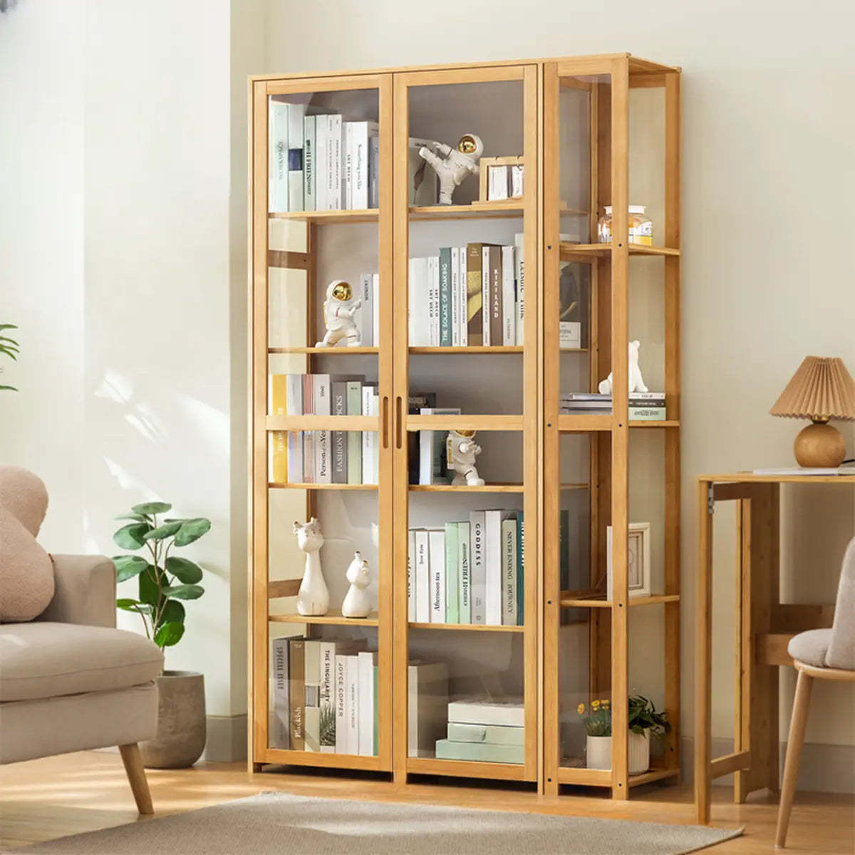 Gray Freestanding Bamboo Curio Display Cabinet — Clear Acrylic / Tan