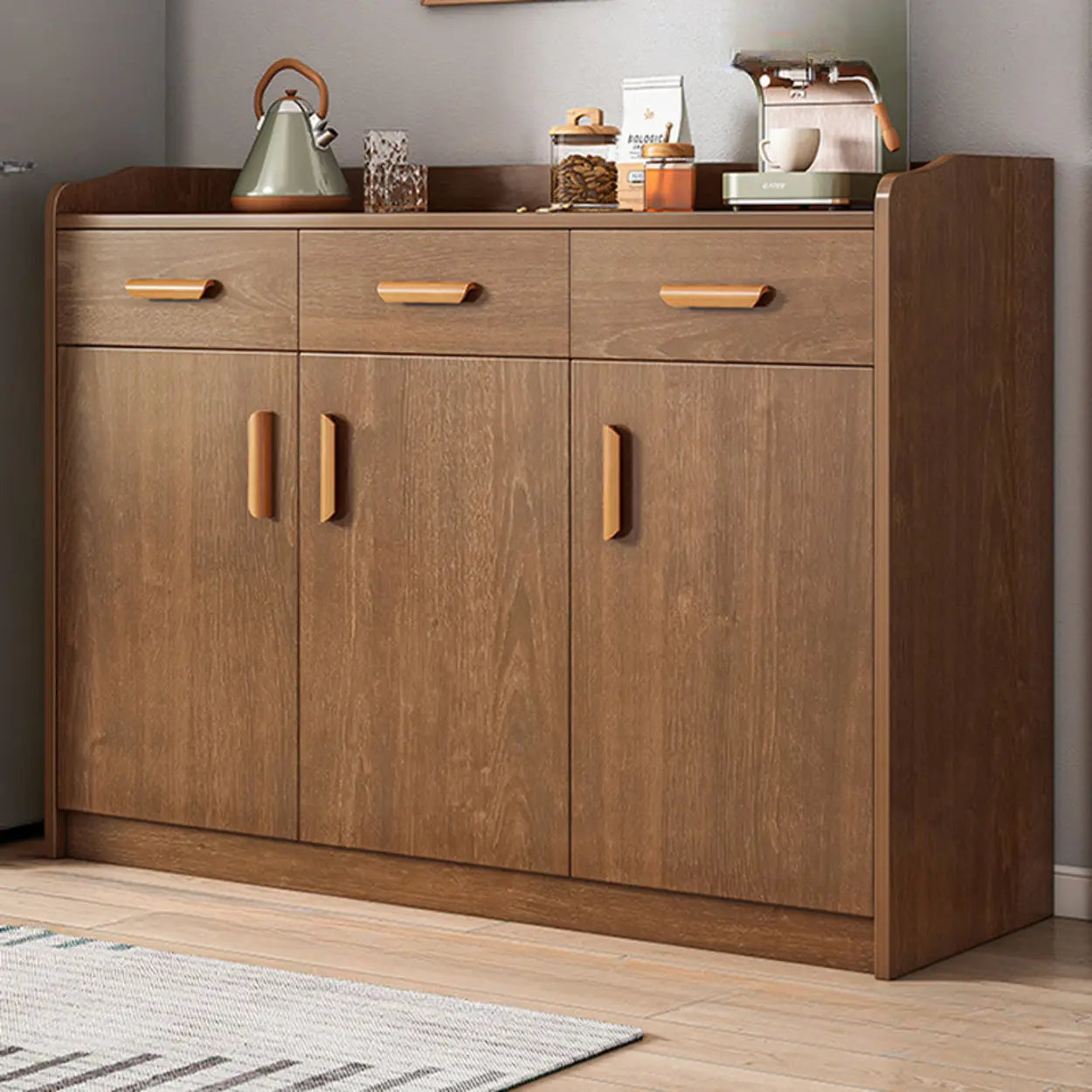 Freestanding Teak Floor Buffet with Shelves and Drawers