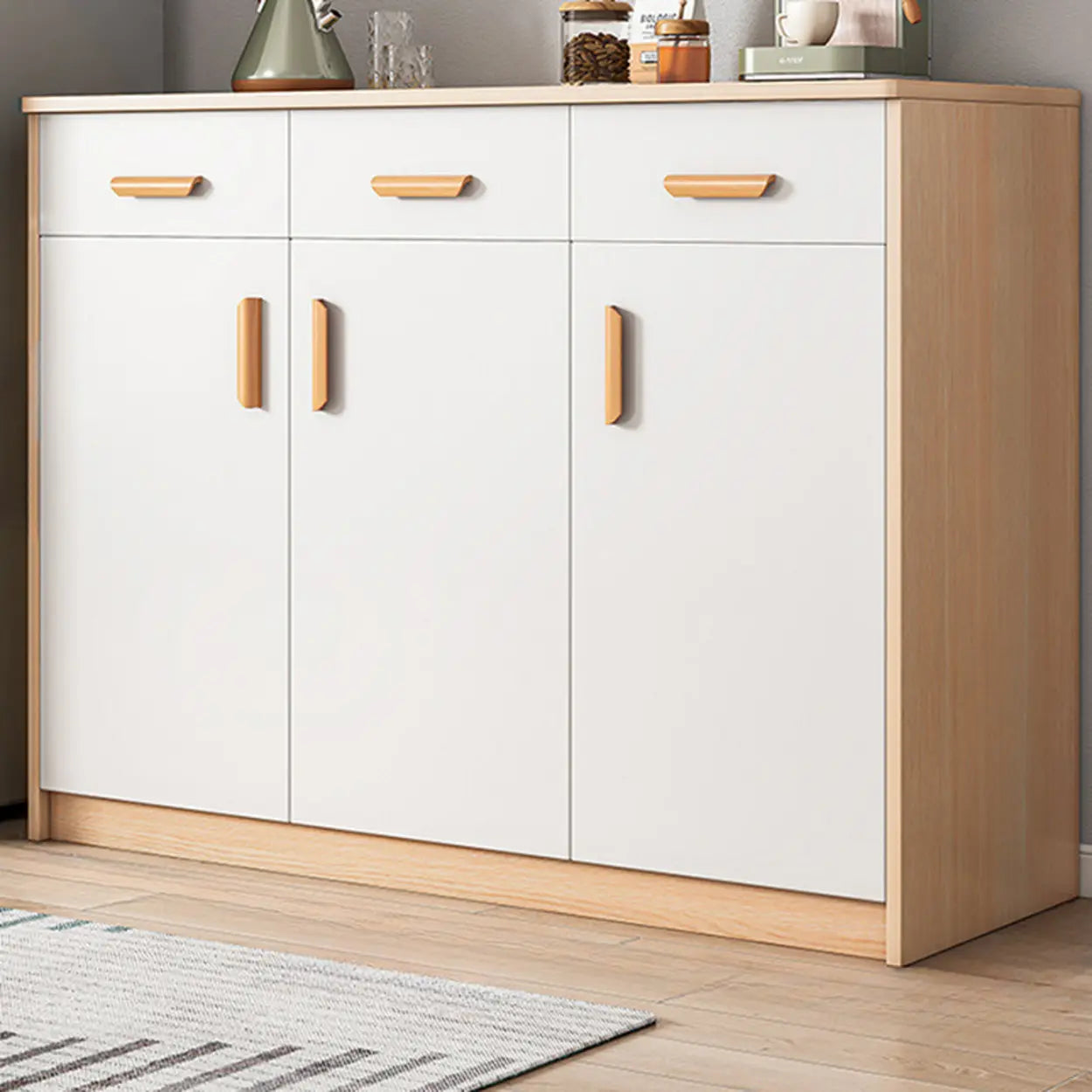 Freestanding Teak Floor Buffet with Shelves and Drawers — Sandalwood Color