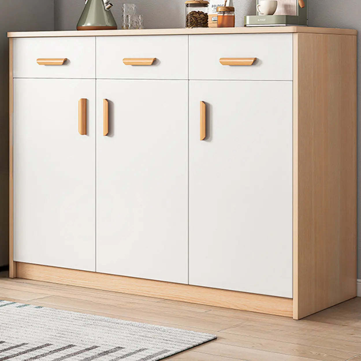 Freestanding Teak Floor Buffet with Shelves and Drawers — Sandalwood Color