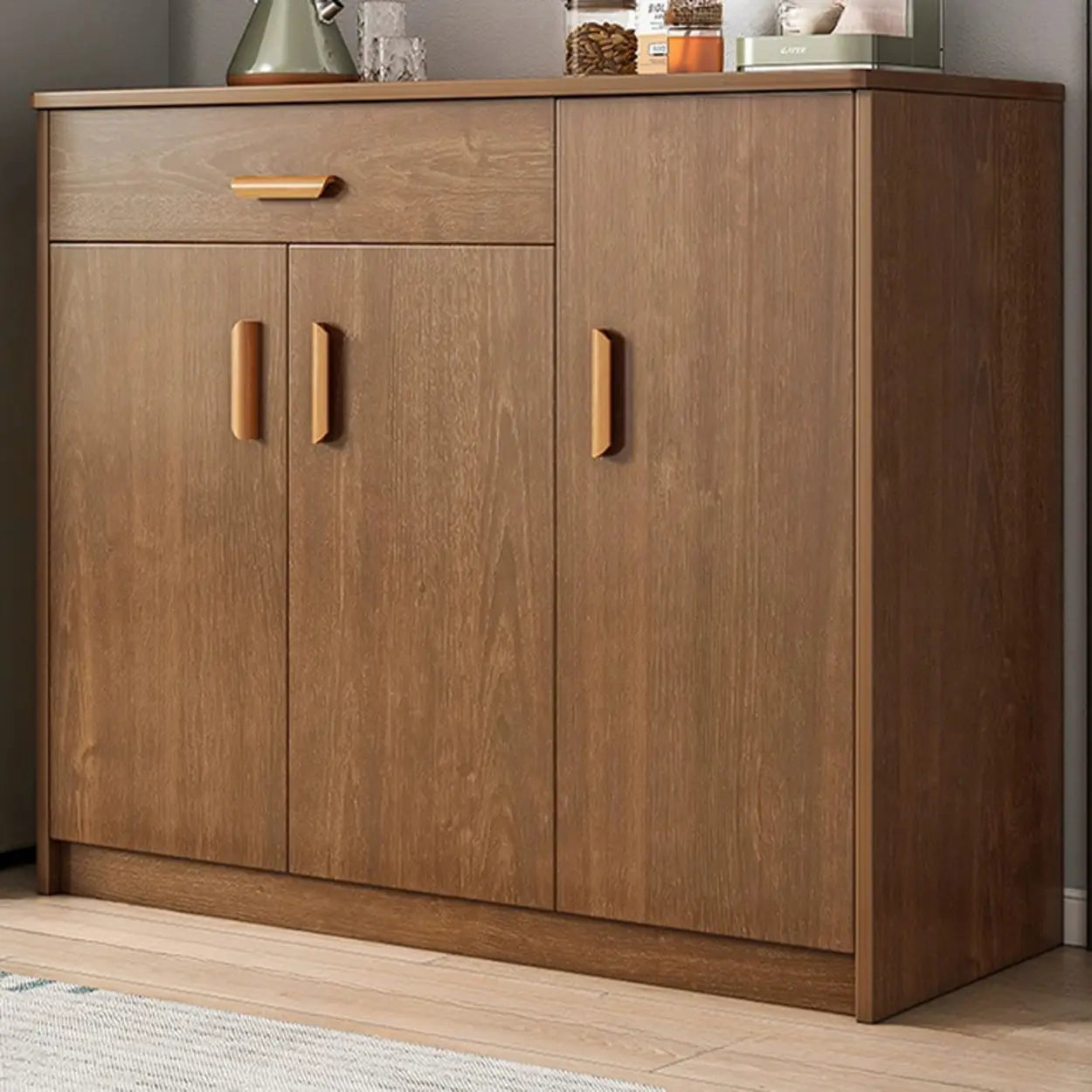 Freestanding Teak Floor Buffet with Shelves and Drawers — Cherry Wood