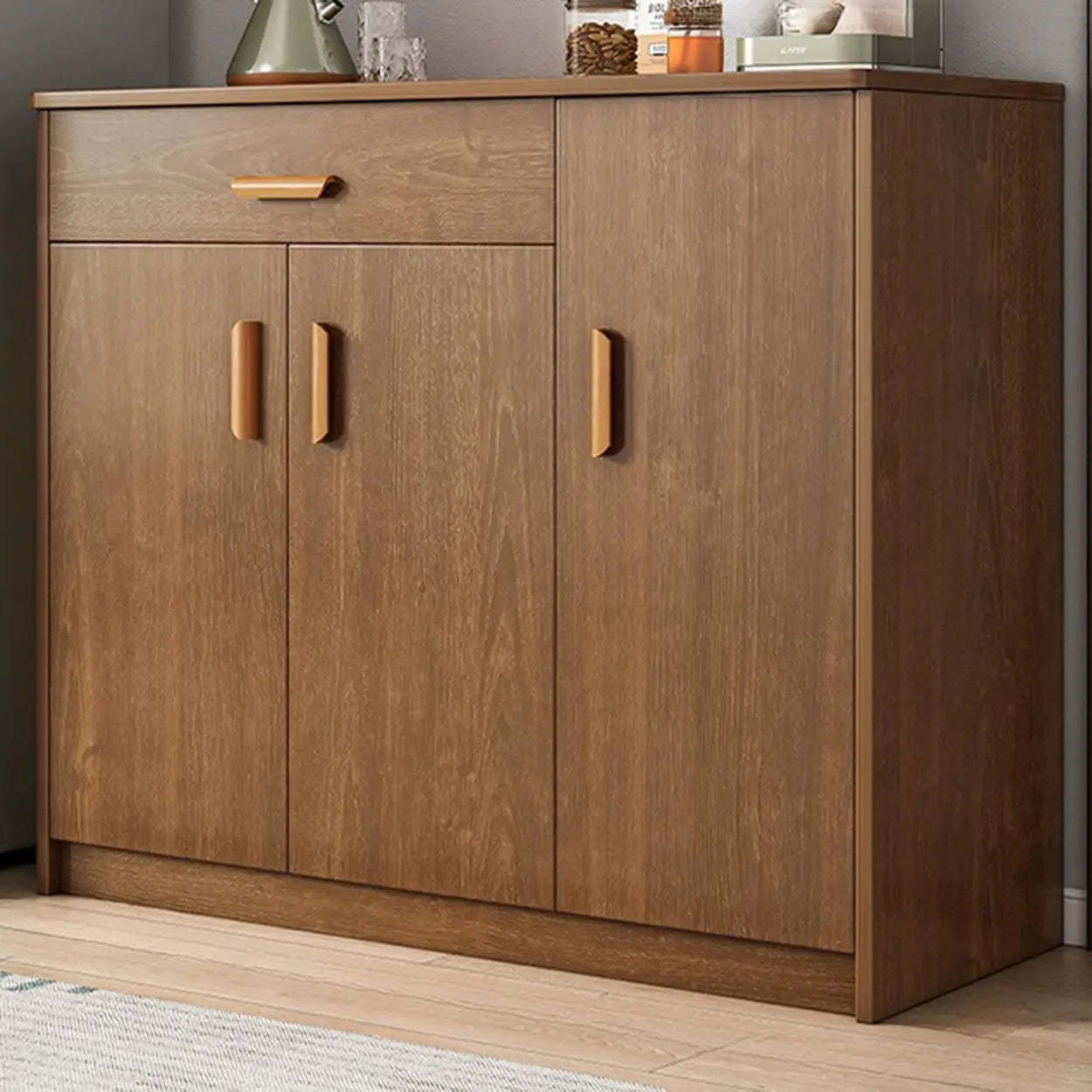 Freestanding Teak Floor Buffet with Shelves and Drawers — Cherry Wood