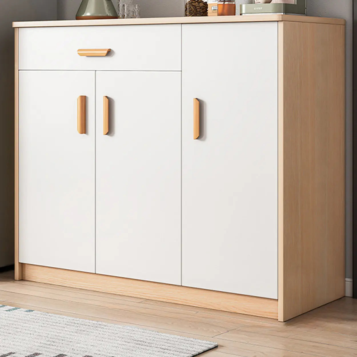 Freestanding Teak Floor Buffet with Shelves and Drawers — Sandalwood Color