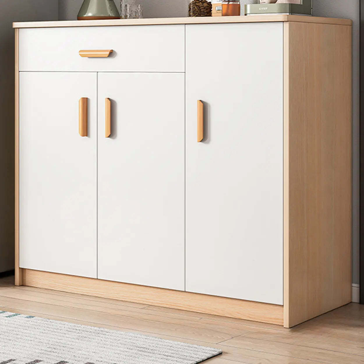 Freestanding Teak Floor Buffet with Shelves and Drawers — Sandalwood Color