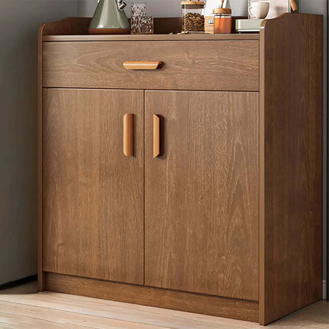 Freestanding Teak Floor Buffet with Shelves and Drawers — Cherry Wood