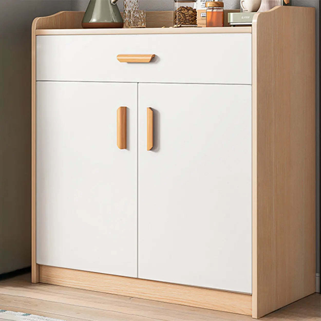 Freestanding Teak Floor Buffet with Shelves and Drawers — Sandalwood Color