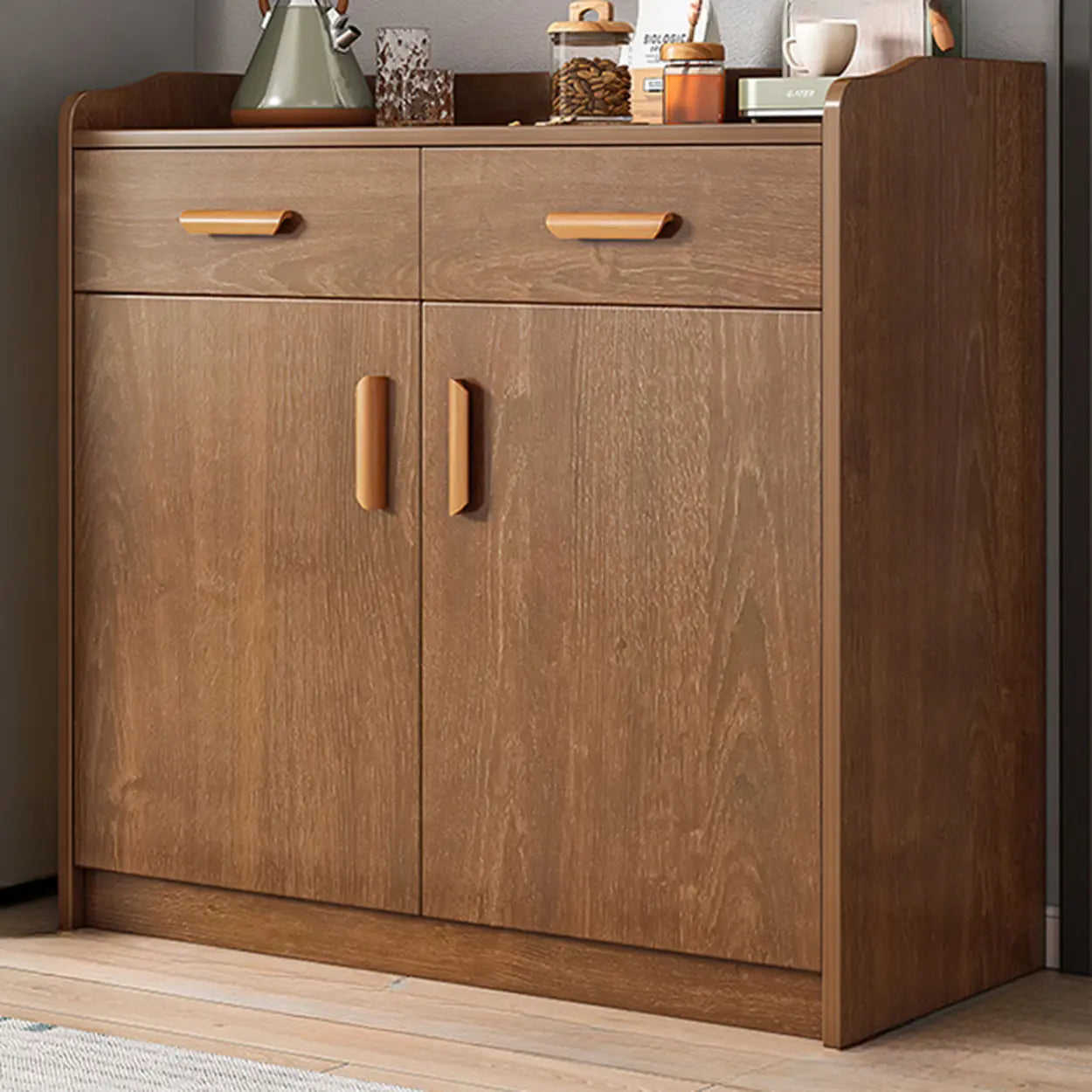 Freestanding Teak Floor Buffet with Shelves and Drawers — Cherry Wood