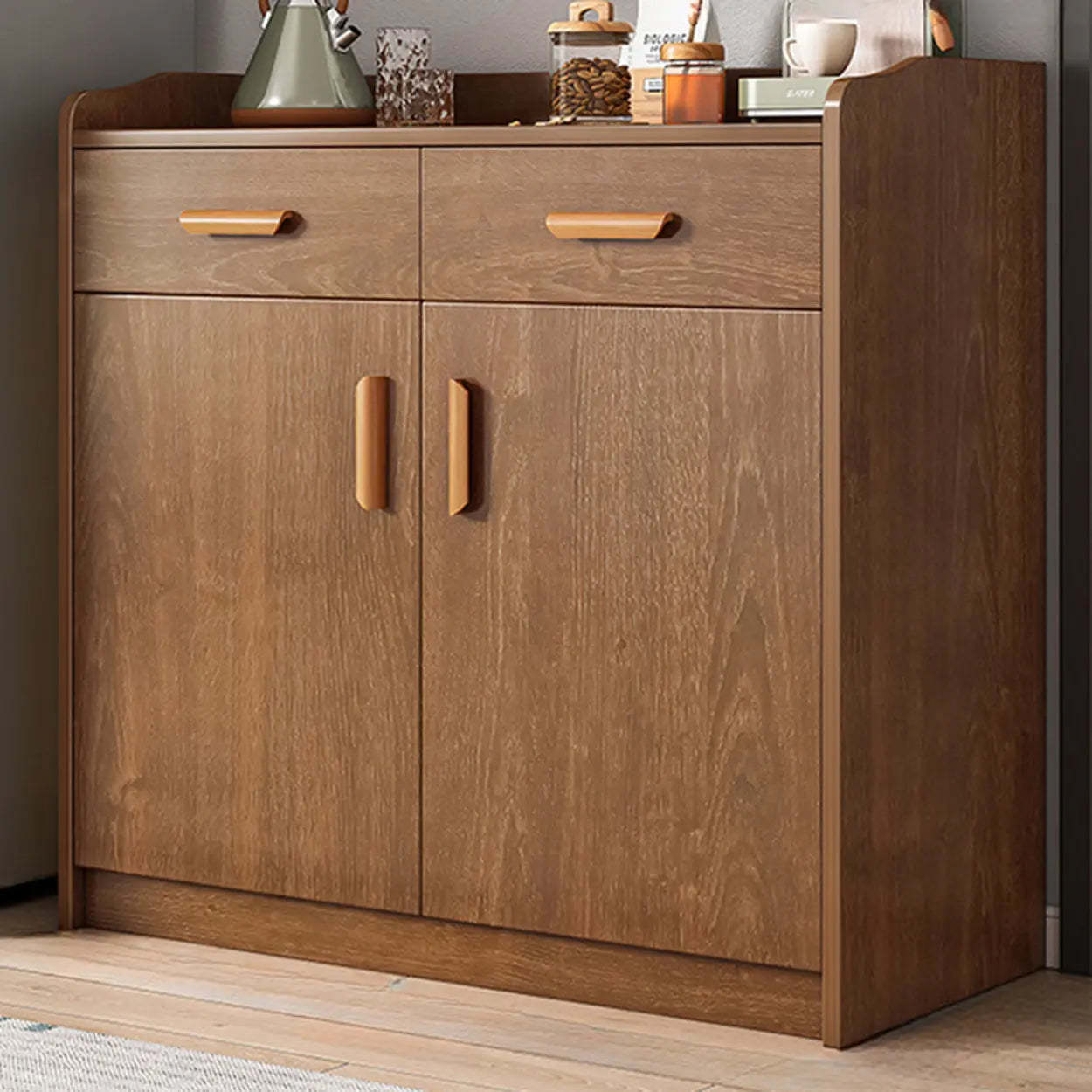Freestanding Teak Floor Buffet with Shelves and Drawers — Cherry Wood