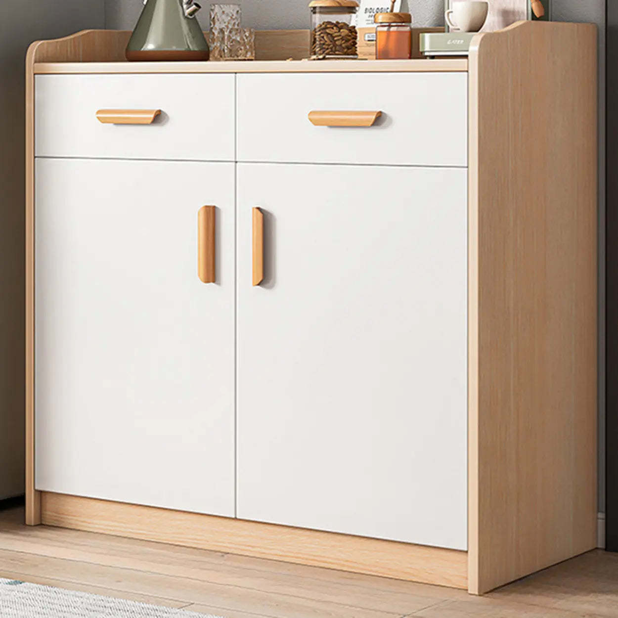 Freestanding Teak Floor Buffet with Shelves and Drawers — Sandalwood Color