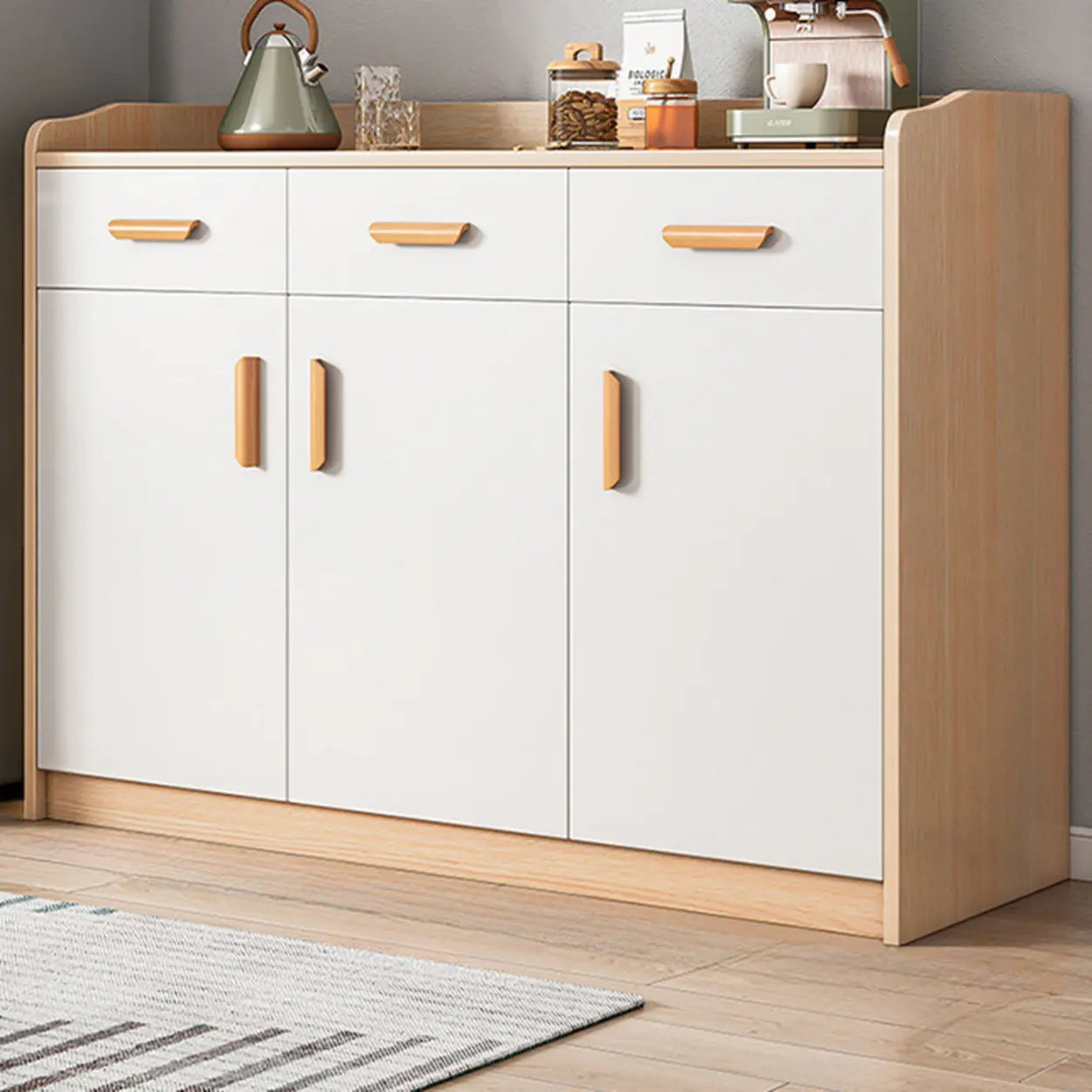 Freestanding Teak Floor Buffet with Shelves and Drawers — Cherry Wood