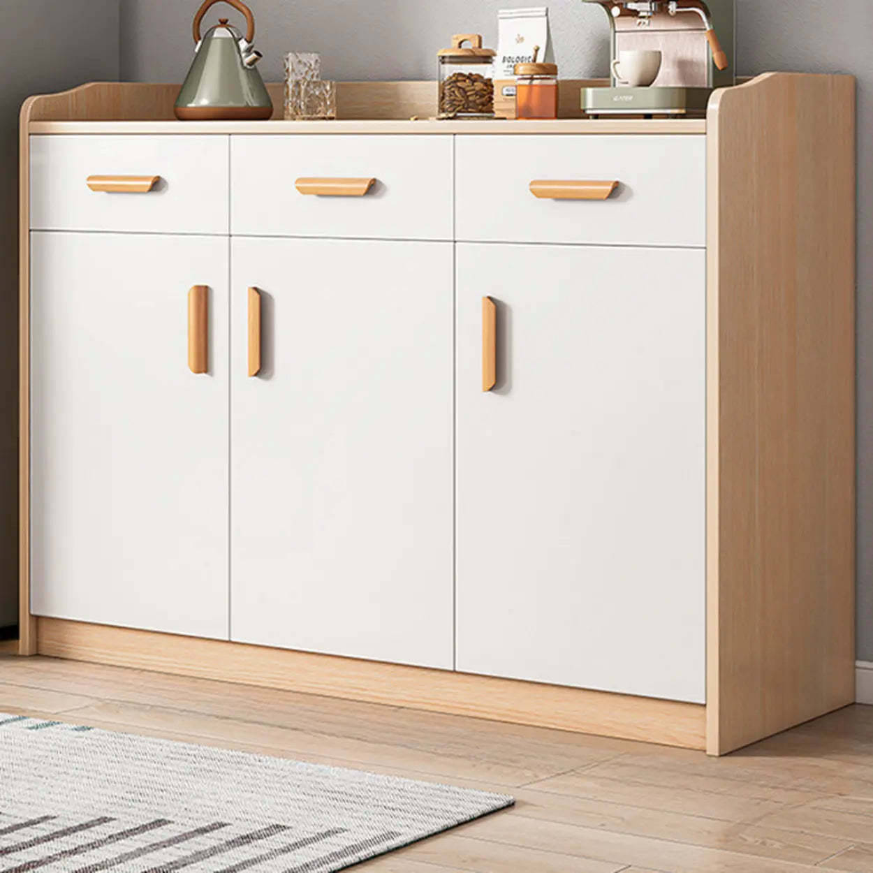 Freestanding Teak Floor Buffet with Shelves and Drawers — Cherry Wood